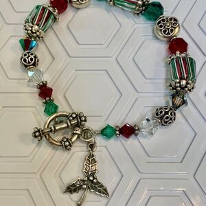 Handmade Christmas Bracelet with Sterling Silver Holly Charm #red green